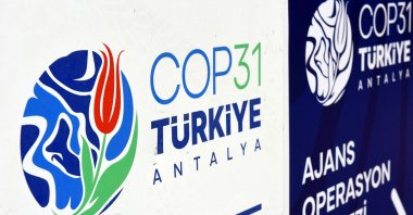 This photo shows a logo of COP31 next to the entrance of Antalya Expo venue, Antalya, Türkiye, Oct. 1, 2026.