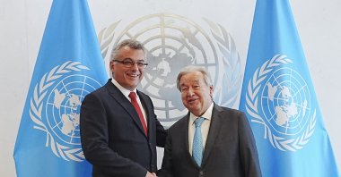 TRNC President Tufan Erhürman (L) shakes hands with U.N. Secretary-General Antonio Guterres during their meeting, New York, U.S., Sept. 26, 2026. (AA Photo)