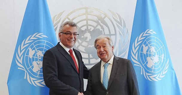 TRNC President Tufan Erhürman (L) shakes hands with U.N. Secretary-General Antonio Guterres during their meeting, New York, U.S., Sept. 26, 2026. (AA Photo)