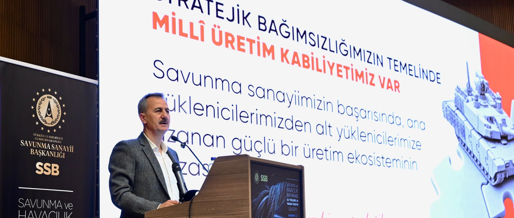 The head of the Presidency of Defense Industries (SSB), Haluk Görgün, speaks during a workshop, Bursa, northwestern Türkiye, Oct. 17, 2026. (AA Photo)