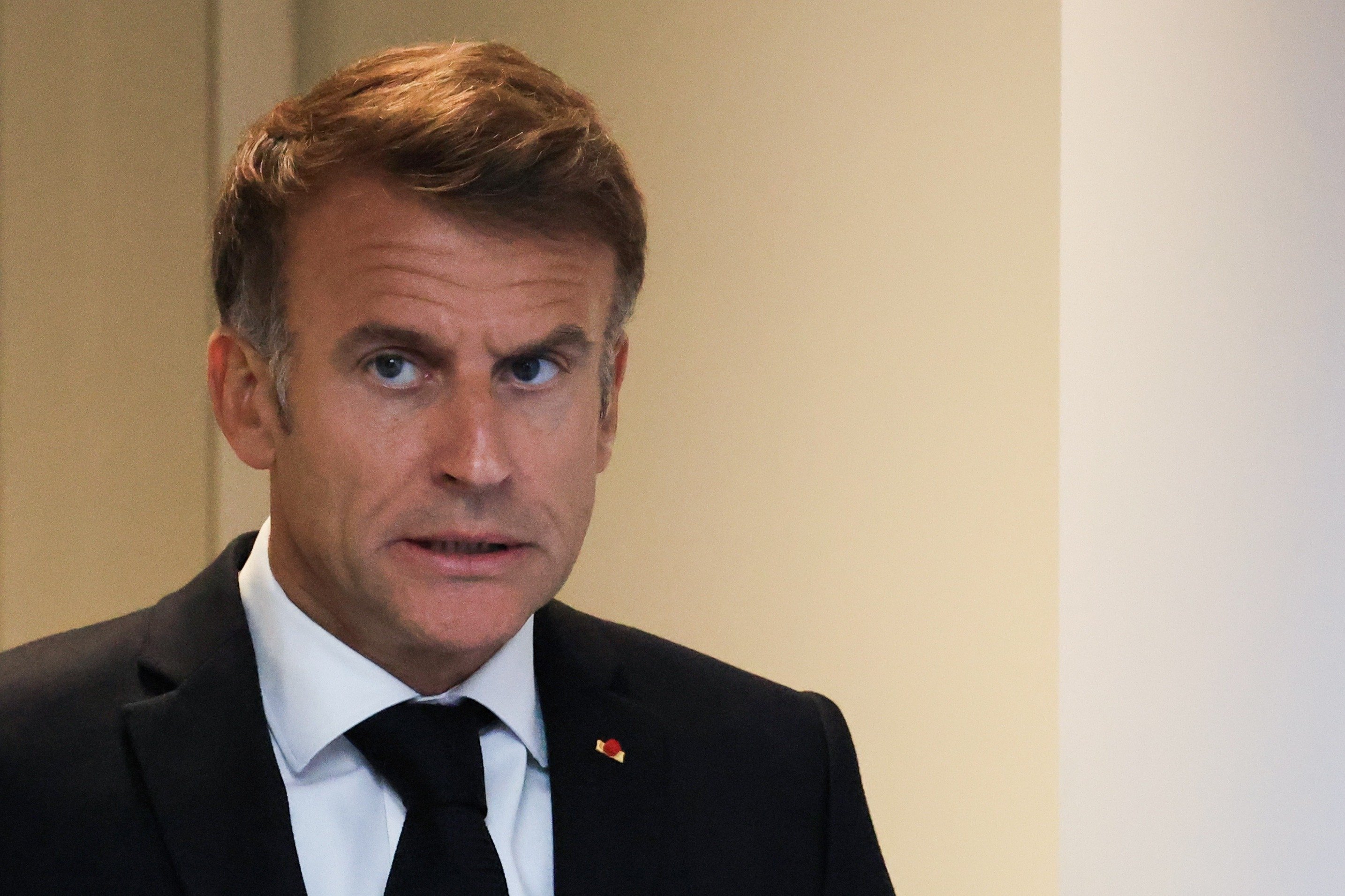 France's President Emmanuel Macron reacts as he chairs an Interministerial Crisis Meeting at the Elysee Presidential Palace, in Paris, France, Oct. 18, 2026. (EPA Photo)