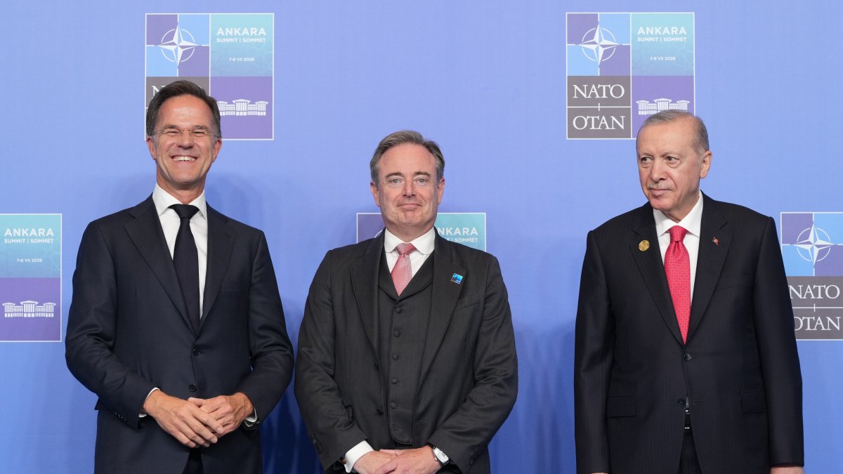 NATO Secretary General Mark Rutte, Belgium's Prime Minister Bart De Wever, and President Recep Tayyip Erdoğan pose for cameras during a NATO summit, Ankara, Türkiye, July 8, 2026. (AP Photo)