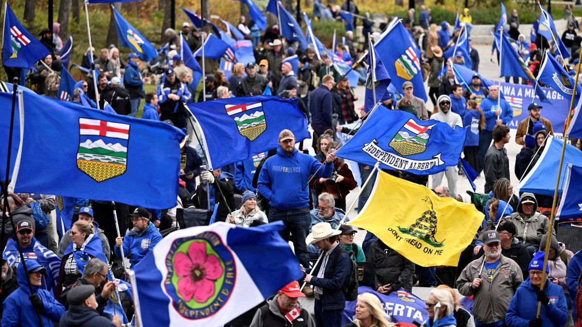 Supporters of a non-binding referendum on Alberta sovereignty gather outside the provincial legislature for an independence rally two days before polls close, in Edmonton, Alberta, Canada Oct. 17, 2026. (Reuters Photo)