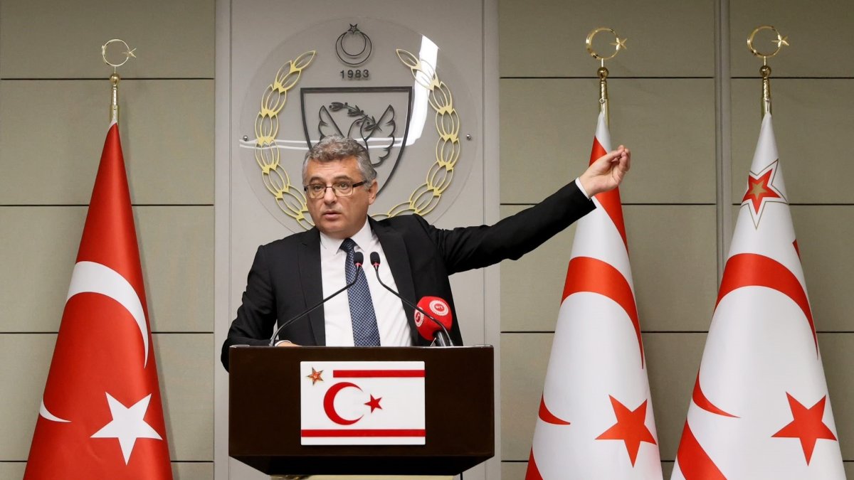 Turkish Republic of Northern Cyprus (TRNC) President Tufan Erhürman speaks during a press conference, Lefkoşa (Nicosia), TRNC, Oct. 1, 2026. (IHA Photo)