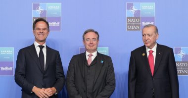 NATO Secretary General Mark Rutte, Belgium's Prime Minister Bart De Wever, and President Recep Tayyip Erdoğan pose for cameras during a NATO summit, Ankara, Türkiye, July 8, 2026. (AP Photo)