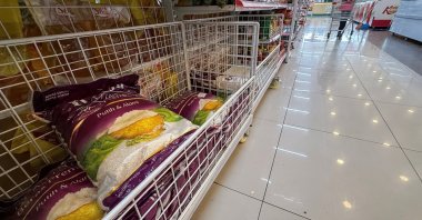 Sacks of premium rice are displayed for sale at a supermarket, Jakarta, Indonesia, Oct. 1, 2026. (Reuters Photo)