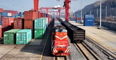 A China-Europe train prepares to depart from the China-Kazakhstan Logistics Cooperation Base, Lianyungang, Jiangsu Province, China, Jan.16, 2026. (Getty Images Photo)