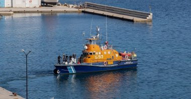 A Greek coast guard vessel that took part in a search and rescue operation following a shipwreck in which six migrants drowned is seen at the main port of Samos, Greece, Oct. 19, 2026. (Reuters Photo)