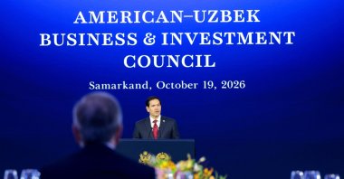U.S. Secretary of State Marco Rubio speaks during a dinner with Uzbekistan's President Shavkat Mirziyoyev and the American-Uzbek Business and Investment Council (AUBIC) at the Congress Center in Samarkand, Oct. 19, 2026. (AFP Photo)
