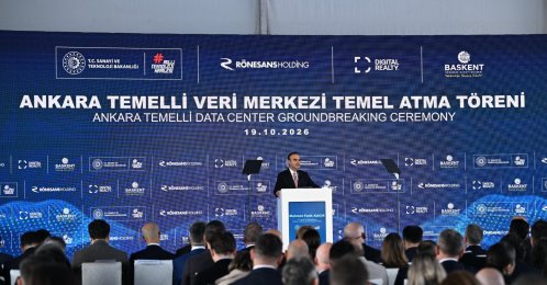 Industry and Technology Minister Mehmet Fatih Kacır addresses the groundbreaking ceremony for a data center complex, Ankara, Türkiye, Oct. 19, 2026. (AA Photo)