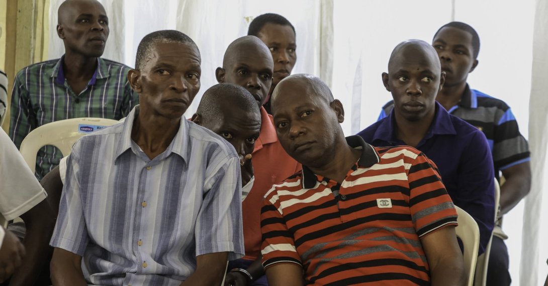Self-proclaimed pastor and ex-cult leader Paul Mackenzie (R) alongside his co-accused, attends their murder trial judgment at the Mombasa Law Courts, in Mombasa, Kenya, Oct. 19, 2026. (EPA Photo)
