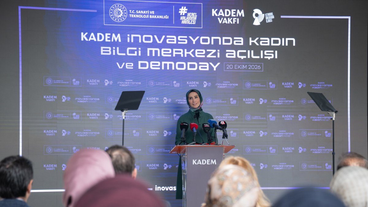 KADEM Board of Trustees Chairperson Sümeyye Erdoğan Bayraktar delivers a speech during the opening of the Women in Innovation Information Center, Istanbul, Türkiye, Oct. 20, 2026. (AA Photo)