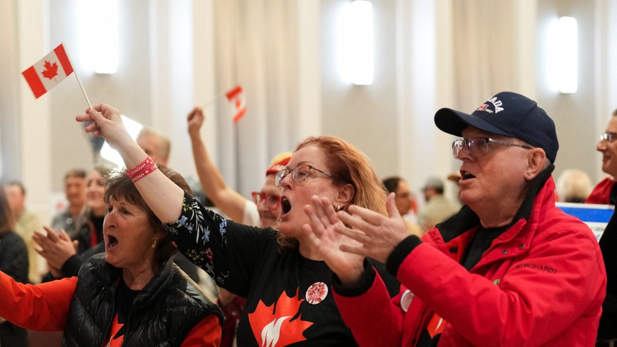 Supporters of the Forever Canadian group, who want Alberta to remain in Canada, react after Alberta residents voted to remain part of Canada in a non-binding referendum on Alberta sovereignty, in Edmonton, Alberta, Canada, Oct. 19, 2026. (Reuters Photo)