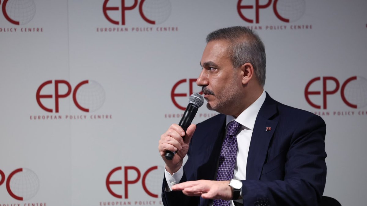 Foreign Minister Hakan Fidan addresses participants at the European Policy Centre, Brussels, Oct. 20, 2026. (AA Photo)