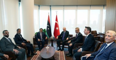 President Recep Tayyip Erdoğan meets Libyan Presidential Council Chair Mohamed el-Menfi (3rd L), New York, U.S., Sept. 21, 2026. (İHA Photo)