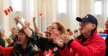 Supporters of the Forever Canadian group, who want Alberta to remain in Canada, react after Alberta residents voted to remain part of Canada in a non-binding referendum on Alberta sovereignty, in Edmonton, Alberta, Canada, Oct. 19, 2026. (Reuters Photo)