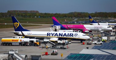 A Shell tanker truck refuels a Ryanair aircraft at Eindhoven Airport, Eindhoven, the Netherlands, April 24, 2026. (Reuters Photo)
