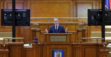 Romania's Prime Minister-designate Luca Niculescu delivers a speech before a confidence vote on his cabinet during a plenary session of the Parliament assembly in Bucharest, Romania, Oct. 20, 2026. (EPA Photo)