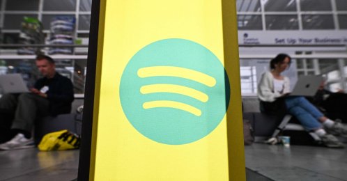 A Spotify logo is seen at the 78th Frankfurt book fair, the world's biggest trade fair for books, in Frankfurt am Main, western Germany, Oct. 8, 2026. (AFP Photo) 