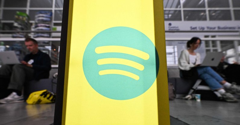 A Spotify logo is seen at the 78th Frankfurt book fair, the world's biggest trade fair for books, in Frankfurt am Main, western Germany, Oct. 8, 2026. (AFP Photo) 
