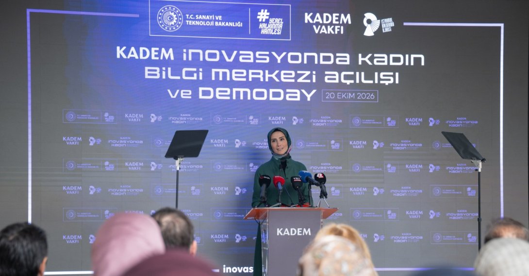 KADEM Board of Trustees Chairperson Sümeyye Erdoğan Bayraktar delivers a speech during the opening of the Women in Innovation Information Center, Istanbul, Türkiye, Oct. 20, 2026. (AA Photo)