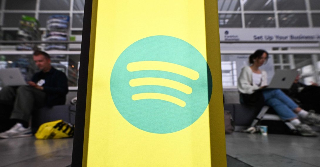A Spotify logo is seen at the 78th Frankfurt book fair, the world's biggest trade fair for books, in Frankfurt am Main, western Germany, Oct. 8, 2026. (AFP Photo) 
