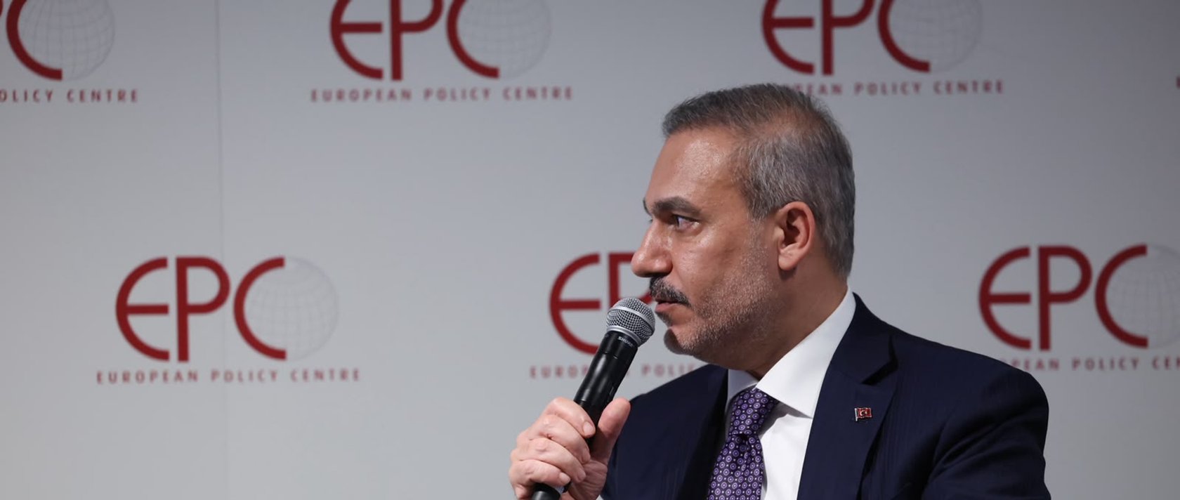 Foreign Minister Hakan Fidan addresses participants at the European Policy Centre, Brussels, Oct. 20, 2026. (AA Photo)