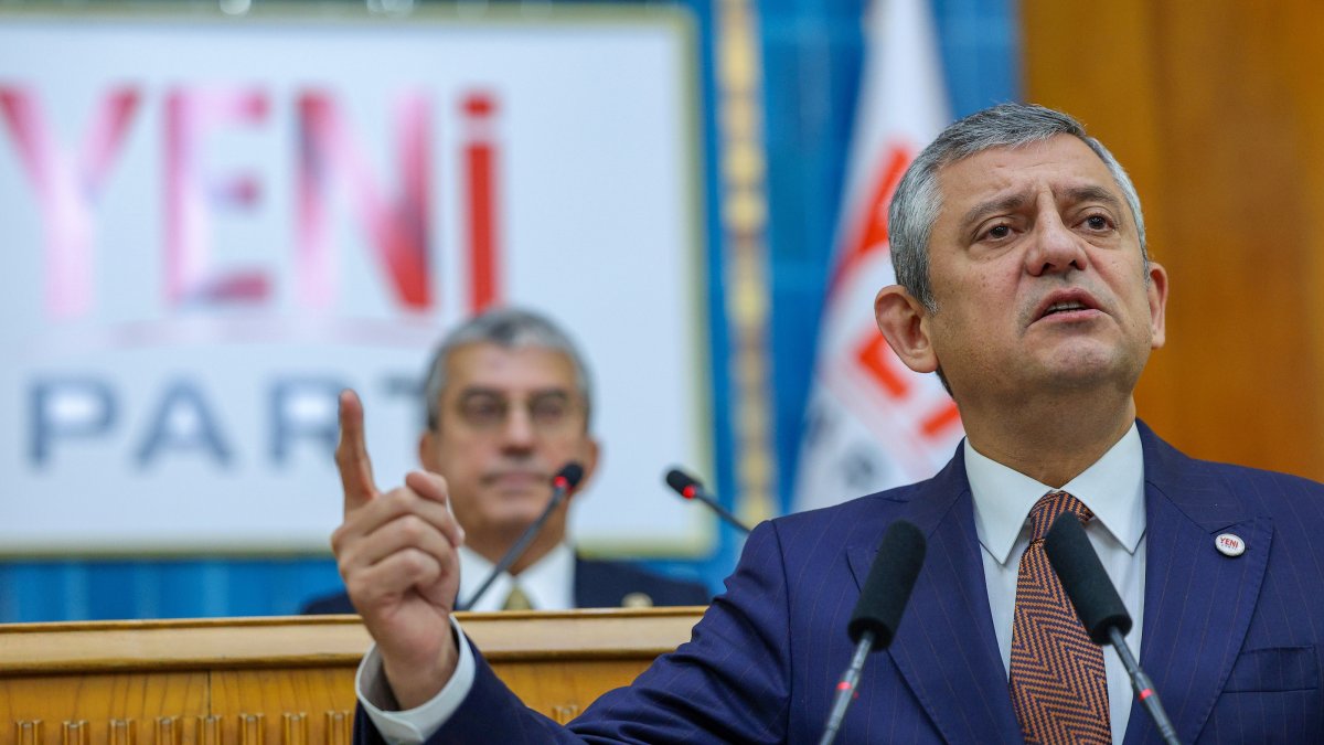 New Party (YP) Chairman Özgür Özel speaks at the parliamentary group meeting of his party, against the backdrop of a sign bearing the name of the party, Ankara, Türkiye, Oct. 20, 2026. (DHA Photo)
