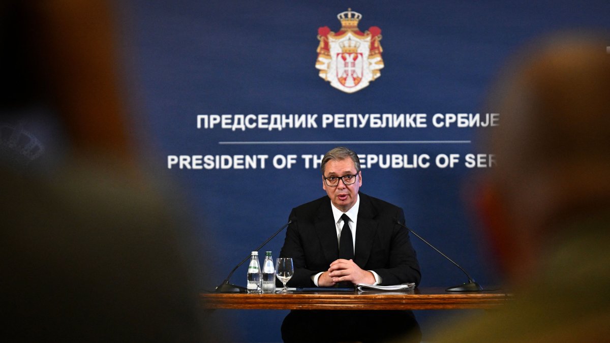 Serbia's President Aleksandar Vucic delivers his resignation speech during a press conference at the Presidential Palace, Belgrade, Serbia, Sept. 27, 2026. (AFP Photo)