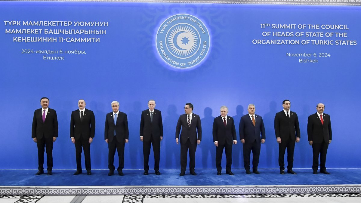 Leaders pose for a family photo prior to the summit of the Organization of Turkic States at the Yntymak Ordo State Residence, Bishkek, Kyrgyzstan, Nov. 6, 2024. (AP Photo)