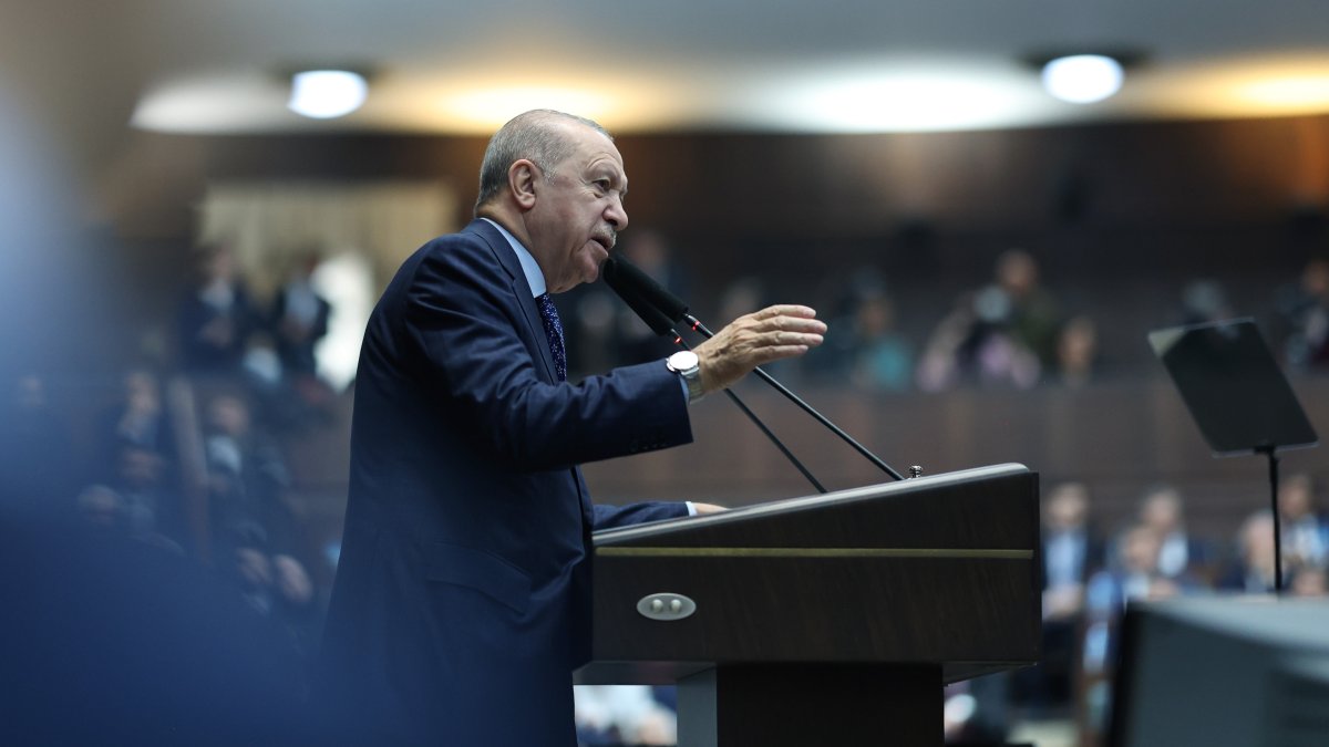President Recep Tayyip Erdoğan speaks during the parliamentary group meeting of the Justice and Development Party (AK Party), Ankara, Türkiye, Oct. 21, 2026. (AA Photo)