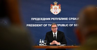 Serbia's President Aleksandar Vucic delivers his resignation speech during a press conference at the Presidential Palace, Belgrade, Serbia, Sept. 27, 2026. (AFP Photo)