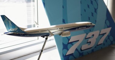 A model of the Boeing 737 Max 10 is displayed during an event marking the FAA certification of the aircraft, Everett, Washington, U.S., Oct. 20, 2026. (Reuters Photo)