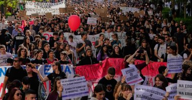 Protesters take part in a rally organized by teachers and students demanding improvements to education and measures to address the rising cost of living in Athens, Greece, Wednesday, Oct. 21, 2026. (AP Photo)