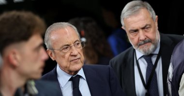 Real Madrid president Florentino Perez (L) arrives for the La Liga match between Real Madrid and Villarreal at Estadio Bernabeu, Madrid, Spain, Oct. 10, 2026. (Reuters Photo)
