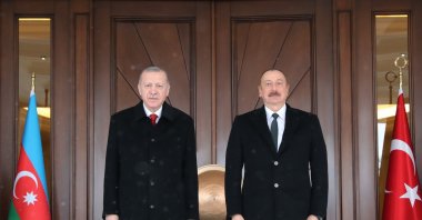 President Recep Tayyip Erdoğan (L) and Azerbaijani President Ilham Aliyev at Çankaya Mansion before attending a meeting, Ankara, March 10, 2022. (AA File Photo)