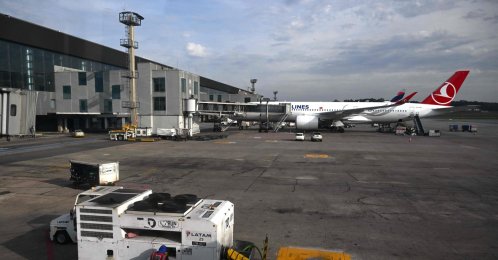 A Turkish Airlines plane is pictured at Guarulhos International Airport in Sao Paulo, Brazil, Sept. 29, 2026. (AFP Photo)