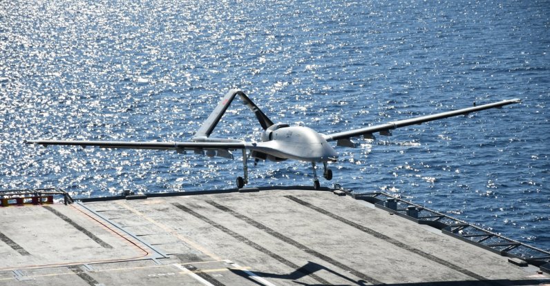The Bayraktar TB3 combat drone lands on the Turkish amphibious assault ship TCG Anadolu during a NATO drill off a port in Vlore, Albania, Oct. 19, 2026. (AA Photo)