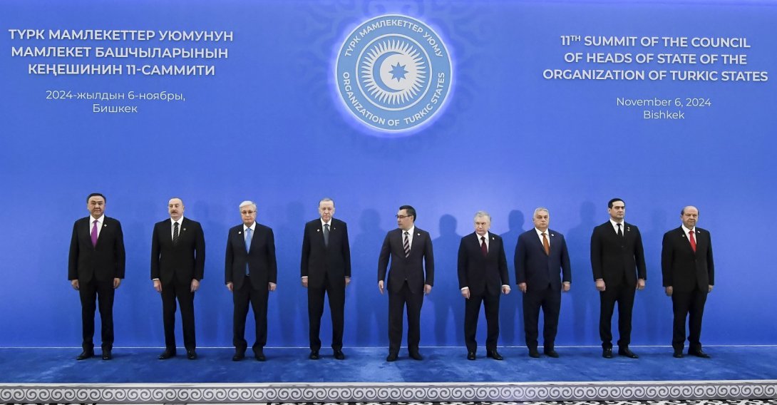 Leaders pose for a family photo prior to the summit of the Organization of Turkic States at the Yntymak Ordo State Residence, Bishkek, Kyrgyzstan, Nov. 6, 2024. (AP Photo)