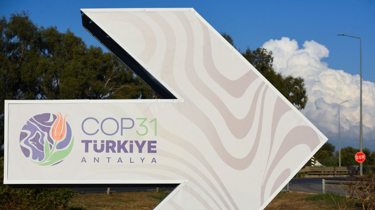 A sign reading “COP31 Antalya” stands near the entrance to the Antalya Expo venue, Antalya, Türkiye, Sept. 30, 2026. (AFP Photo)