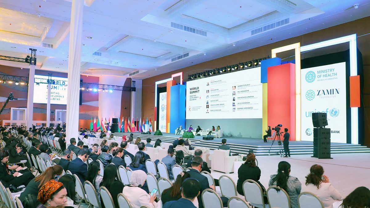 Panelists speak during a session titled “Investing in Children at Scale” at the World Summit on Investing in Children’s Well-being, Samarkand, Uzbekistan, Oct. 22, 2026. (AA Photo)
