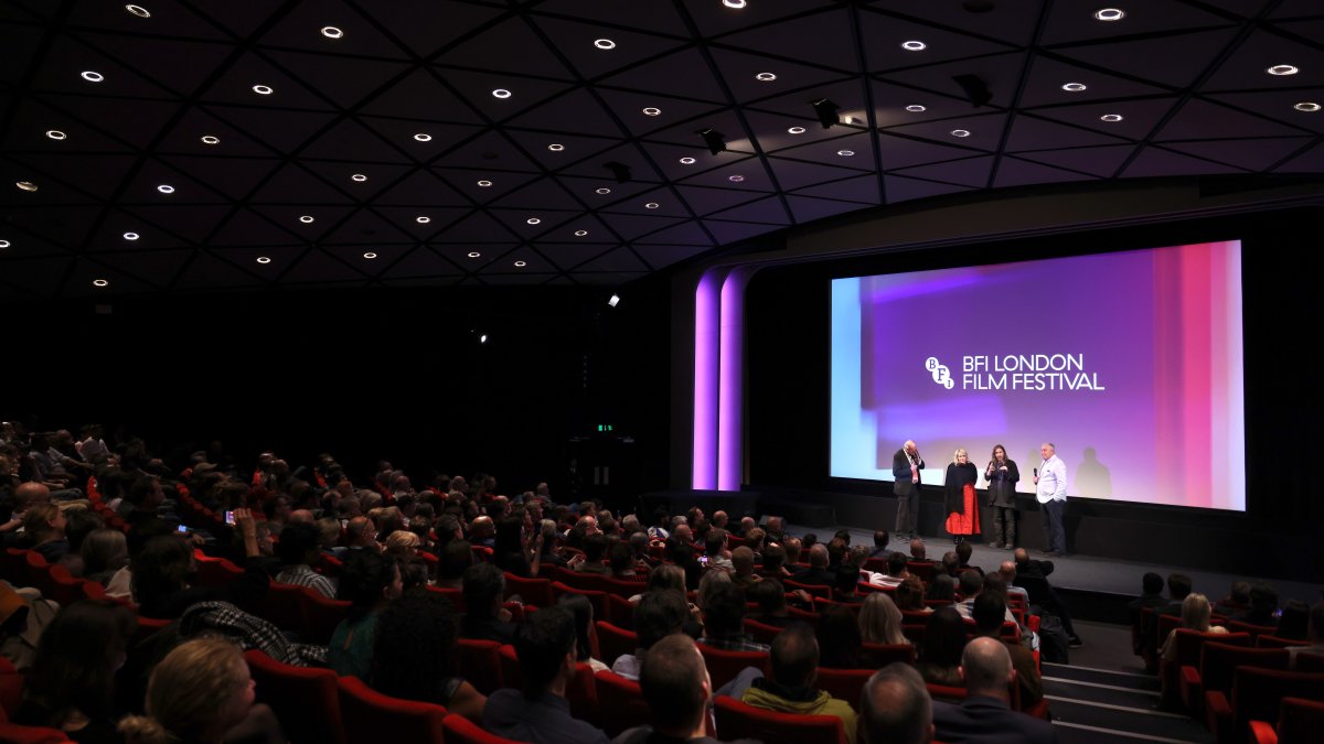 (L-R) Moderator Adrian Wootton, producer Flora Fernandez-Marengo, director Juan Cabral and Peter Shilton onstage ahead of "The Match" screening during the 70th BFI London Film Festival, London, U.K., Oct. 8, 2026. (Getty Images Photo)