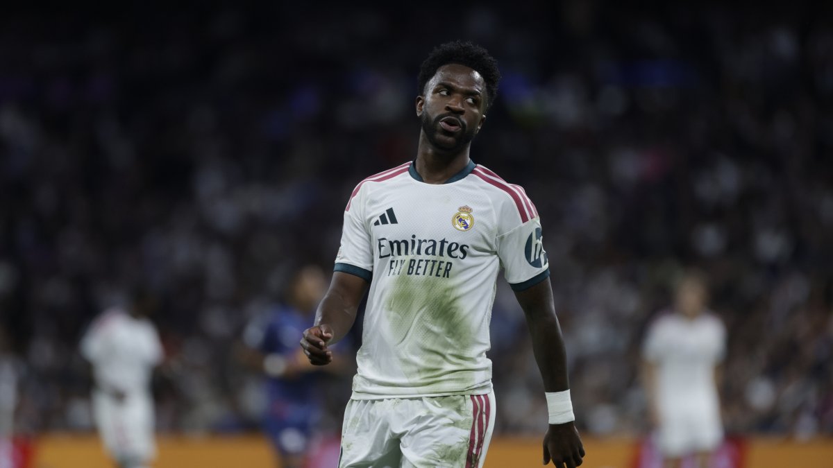 Real Madrid's Vinicius Junior during the UEFA Champions League soccer match against RB Leipzig at Santiago Bernabeu Stadium, Madrid, Spain, Oct. 21, 2026. (EPA Photo)