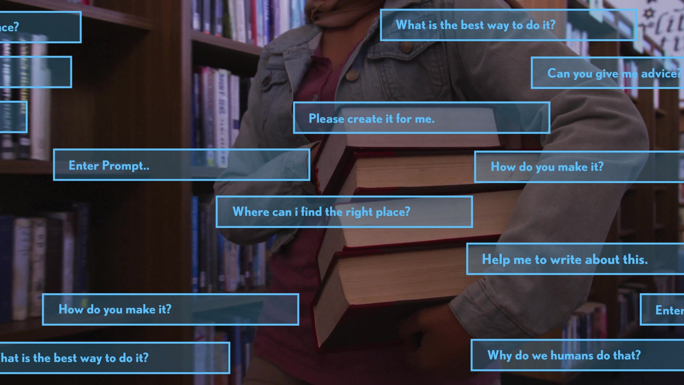 A woman holding books beneath AI prompts and digital texts. (Shutterstock Photo)