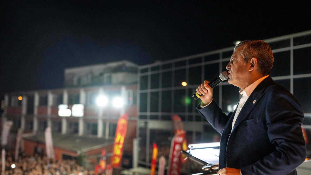 New Party Chairperson Özgür Özel delivers the speech in which he threatened A Haber, Istanbul, Türkiye, Oct. 21, 2026. (AFP Photo)