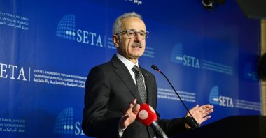 Transport and Infrastructure Minister Abdulkadir Uraloğlu delivers a speech at the event organized by SETA, Ankara, Türkiye, Oct. 19, 2026. (İHA Photo)