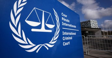 A general view shows the exterior and the logo of the International Criminal Court (ICC) in The Hague, the Netherlands, March 28, 2026. (AFP Photo)