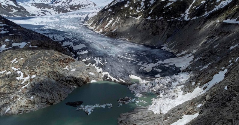 A lake of meltwater has formed on the tongue of the Rhone glacier, near Goms, Switzerland, June 13, 2023. (AP Photo)