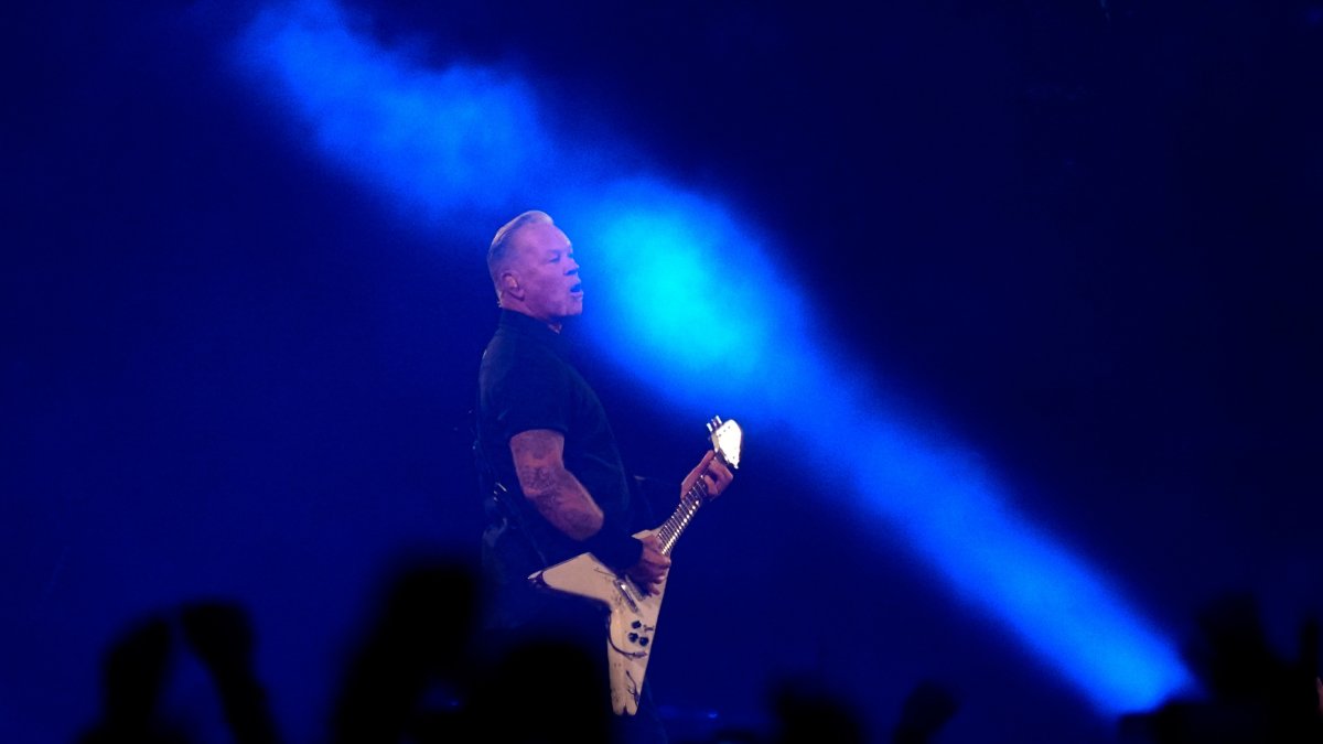 James Hetfield of Metallica performs during the M72 World Tour at the Olympic Stadium, Athens, Greece, May 9, 2026. (AP Photo)