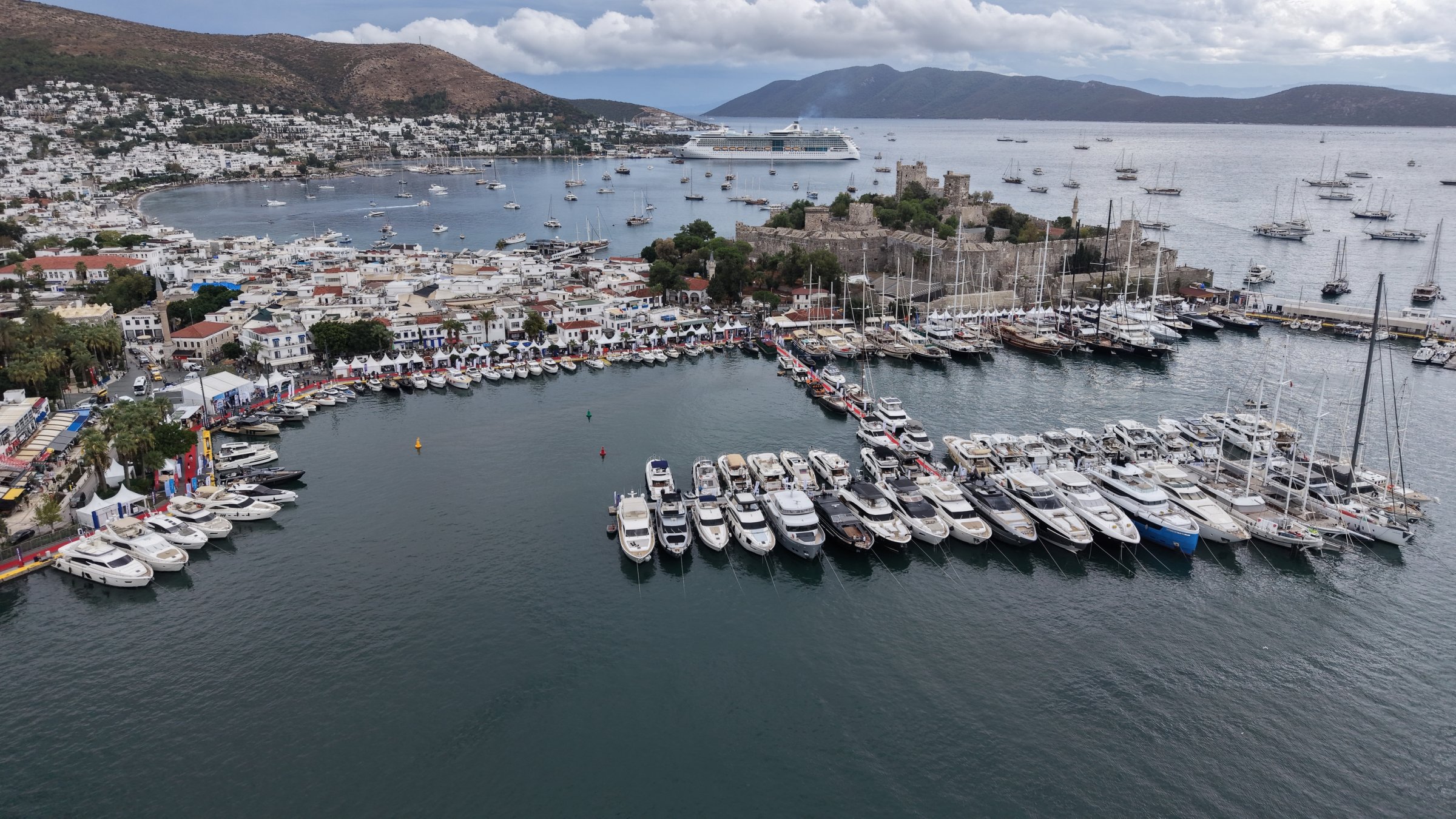A drone-captured aerial view shows Bodrum Marina during the Bodrum Boat Show, Muğla, southwestern Türkiye, Oct. 14, 2026. (AA Photo)